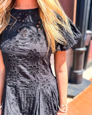 Midnight Bloom Eyelet Mini Dress - black puff sleeve summer dress - Shopbluemoonbentonville