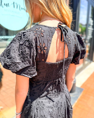 Midnight Bloom Eyelet Mini Dress - black puff sleeve summer dress - Shopbluemoonbentonville