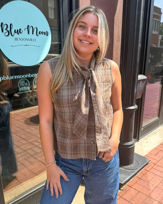 Mocha plaid tie neck blouse by Entro, shown front, back, and detail views on model