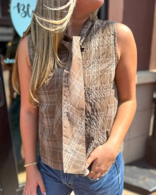 Mocha Plaid Tie Neck Blouse - Blue Moon Bentonville