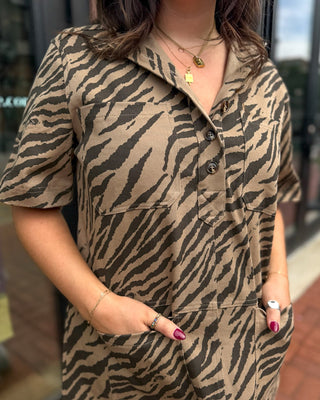 Mocha Zebra Print Utility Mini Dress - Blue Moon Bentonville