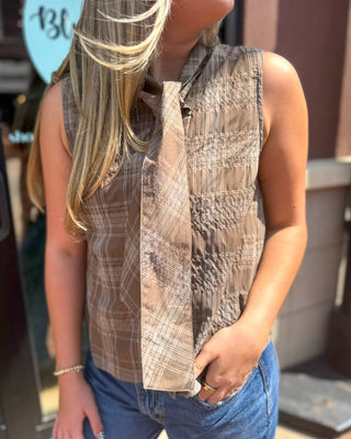 Mocha Plaid Tie Neck Blouse