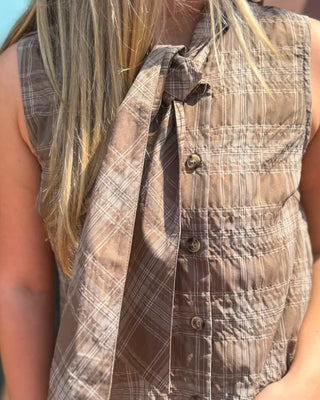 Mocha Plaid Tie Neck Blouse