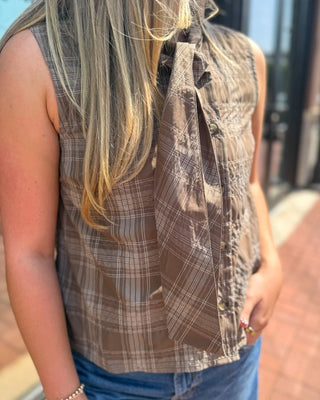 Mocha Plaid Tie Neck Blouse