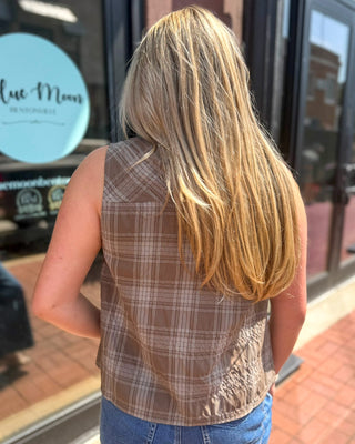 Mocha Plaid Tie Neck Blouse