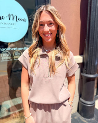 Mono B Silken Taupe Laguna Half - Zip & Shorts Modal Set - Elevated Everyday Lounge Set - Shopbluemoonbentonville