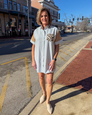 Multi Print Shirt Dress w/ Leopard 