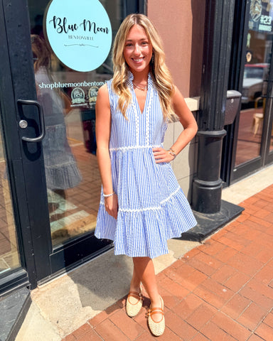 Nantucket Blue Stripe Tiered Midi Dress