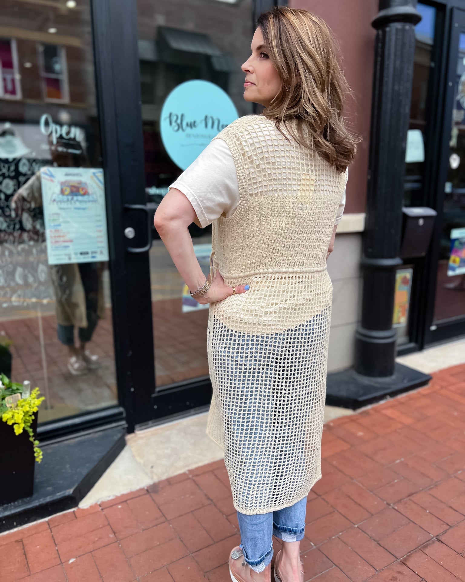 Natural Open Weave Knit Sleeveless Cardigan