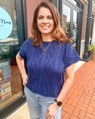 Navy Cable-Knit Sweater - Shopbluemoonbentonville