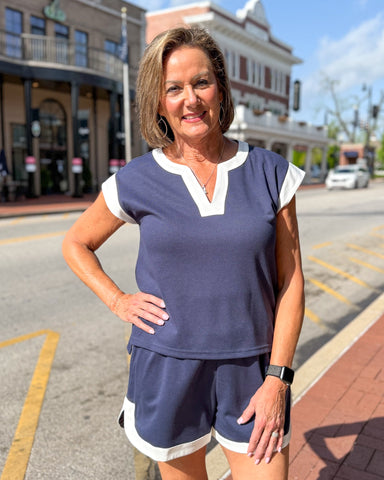 Navy Contrast Pique Top 