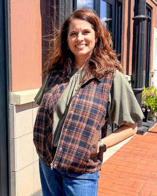 Navy Plaid Puffer Vest w/Corduroy Collar - Blue Moon Bentonville