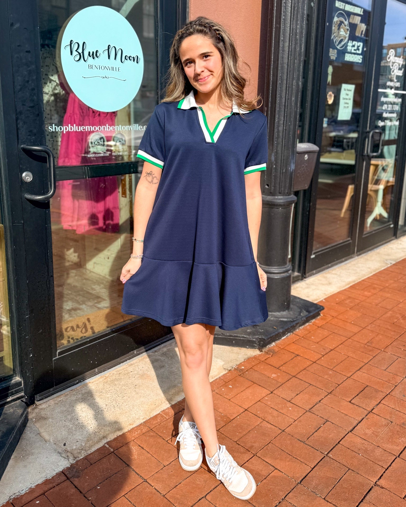 Navy Polo Dress w/Green & White Stripes