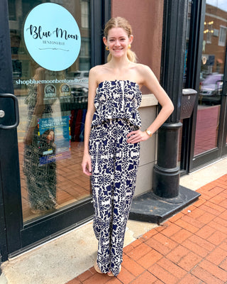 Midnight Botanical Ruffled Strapless Jumpsuit 