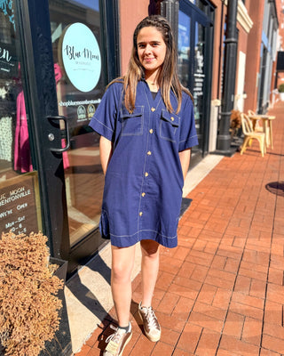Navy Shirt Dress w/Contrast Stitching - Shopbluemoonbentonville