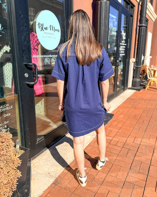 Navy Shirt Dress w/Contrast Stitching - Shopbluemoonbentonville