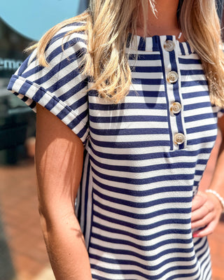 Navy Striped Henley Midi Dress - Shopbluemoonbentonville