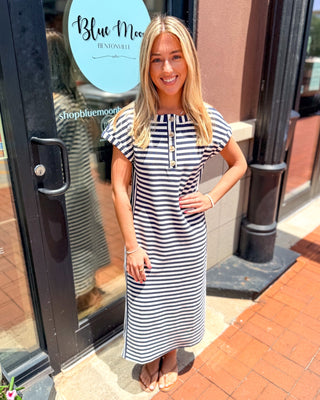 Navy Striped Henley Midi Dress - Shopbluemoonbentonville