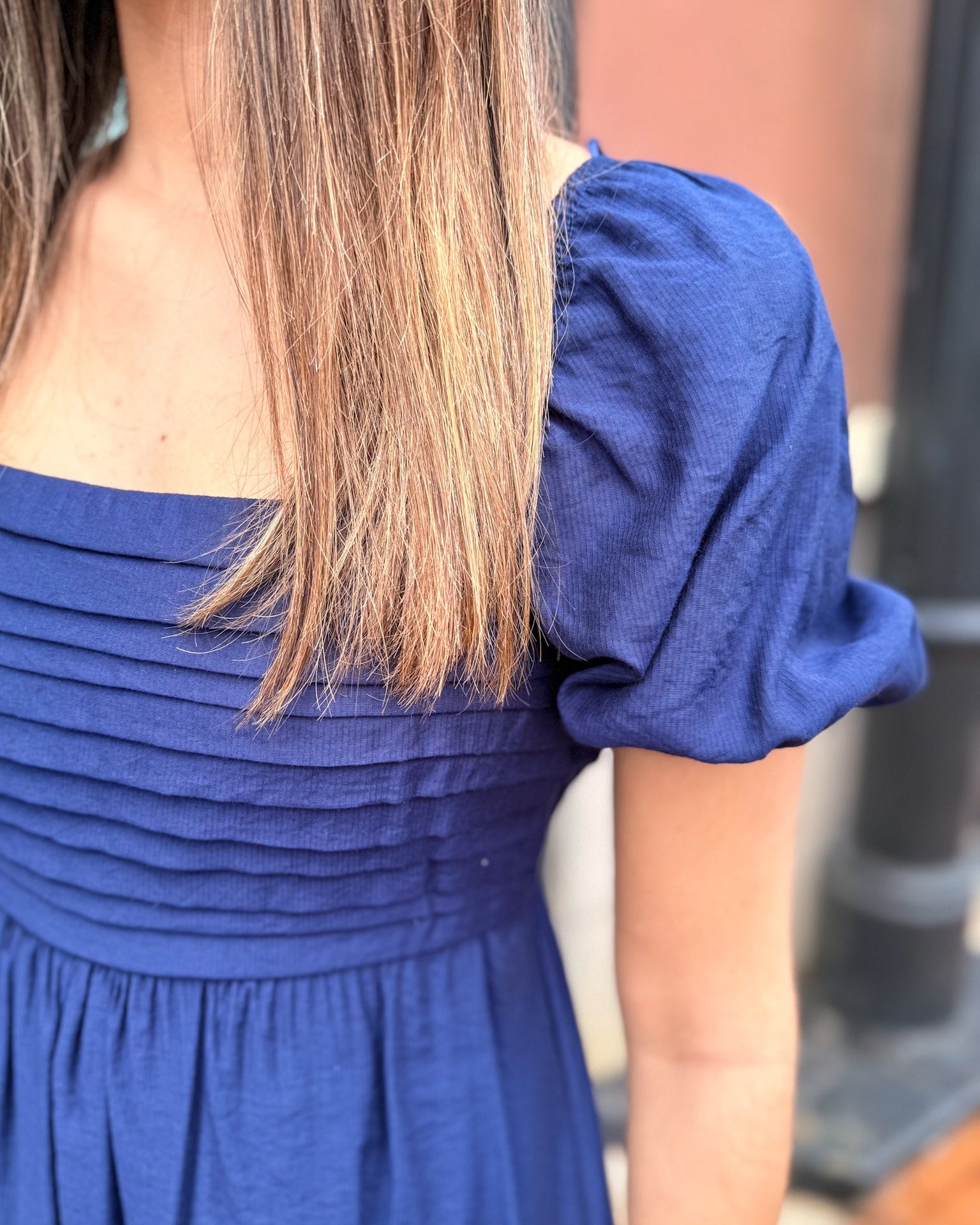 Navy Square Neck Puff Sleeve Dress