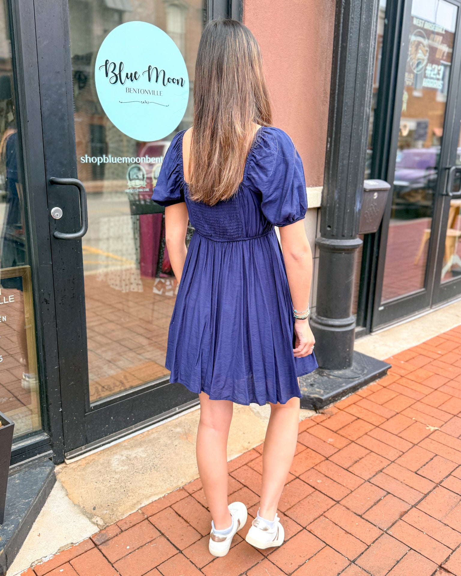 Navy Square Neck Puff Sleeve Dress