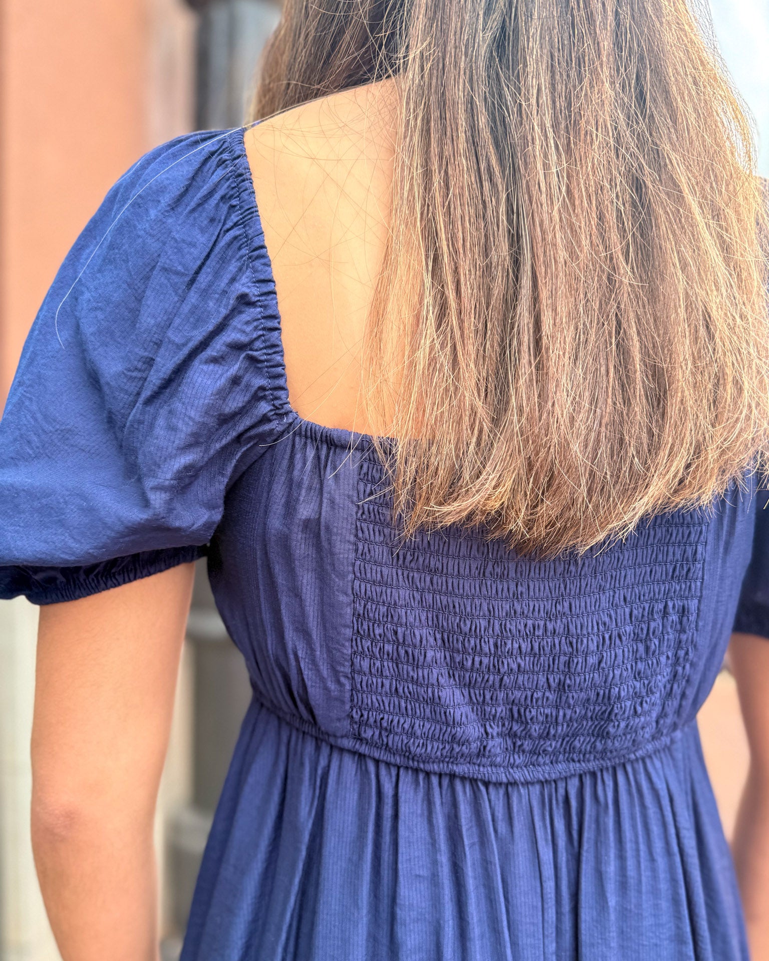 Navy Square Neck Puff Sleeve Dress