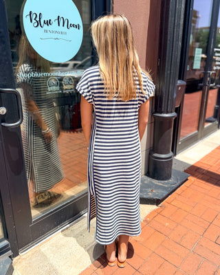 Navy Striped Henley Midi Dress