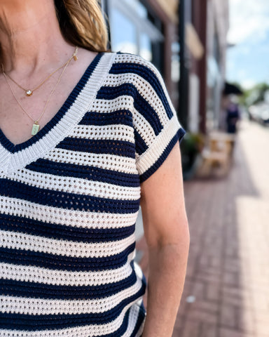 Navy Striped Crochet Sweater