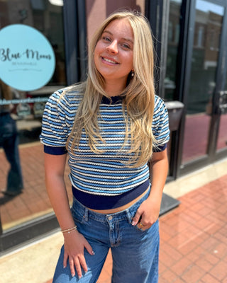 Navy/Blue Contrast Scalloped Striped Knit Top - Blue Moon Bentonville