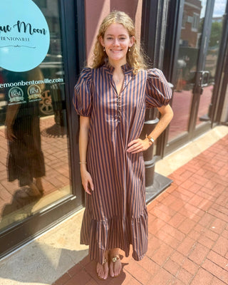 Navy/Brown Striped Midi Dress - Blue Moon Bentonville