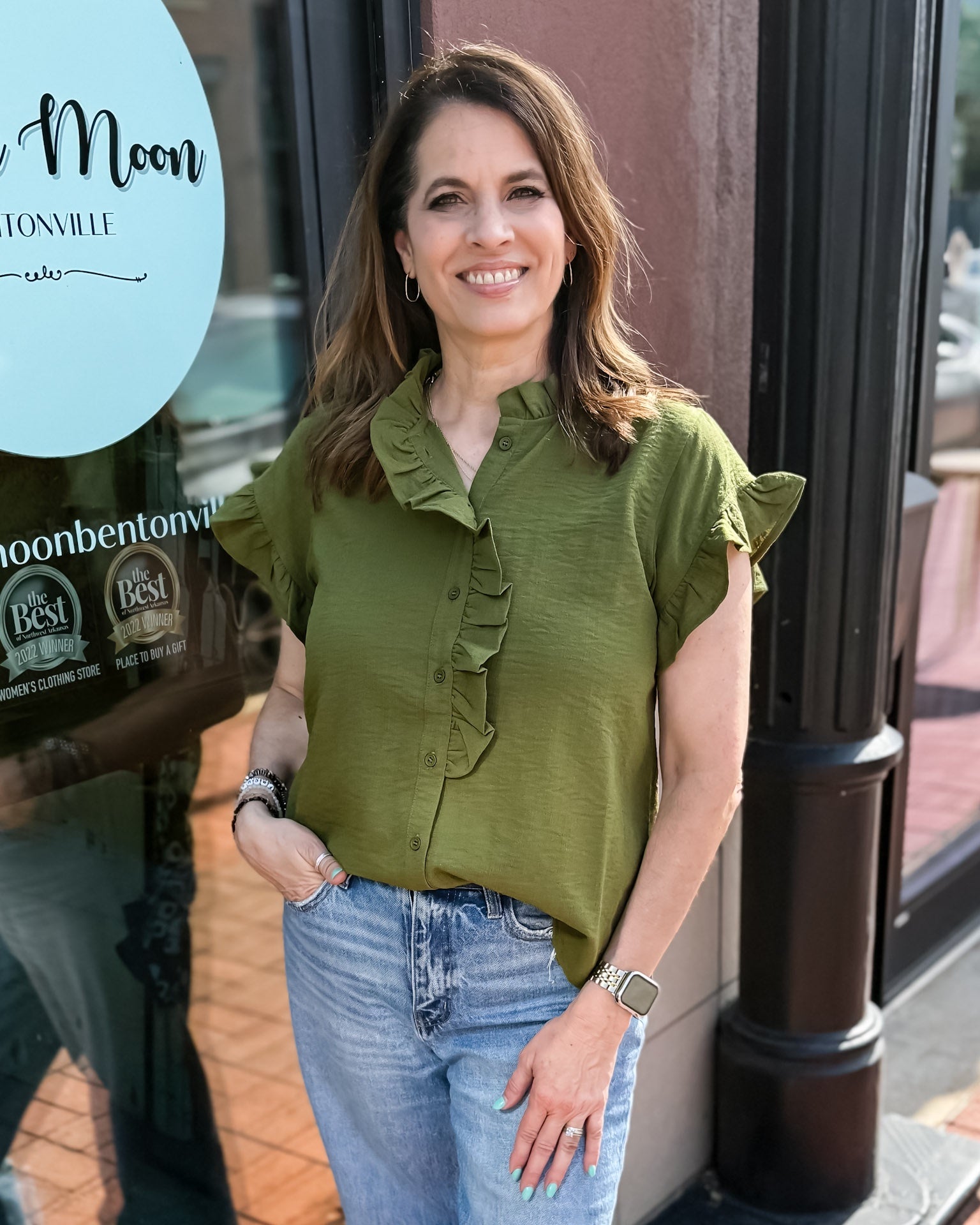 Olive Blouse w/Ruffle Accent