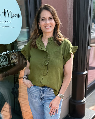 Olive Blouse w/Ruffle Accent