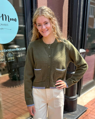 Olive contrast trim button cardigan by Entro, shown front, back, and detail views on model