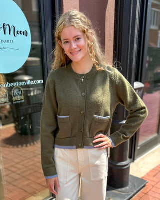 Olive Contrast Trim Button Cardigan - Blue Moon Bentonville