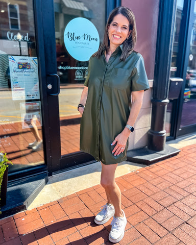 Olive Faux Leather Button Down Mini Dress