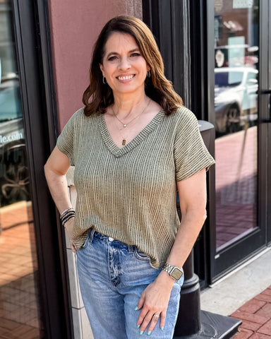 Olive Ribbed V-Neck Top