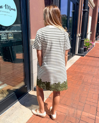 Olive Striped Mini Dress w/Lace Hem - Blue Moon Bentonville