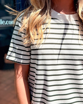 Olive Striped Mini Dress w/Lace Hem - Blue Moon Bentonville