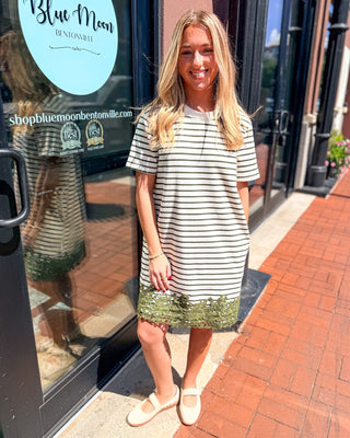 Olive Striped Mini Dress w/Lace Hem - Blue Moon Bentonville