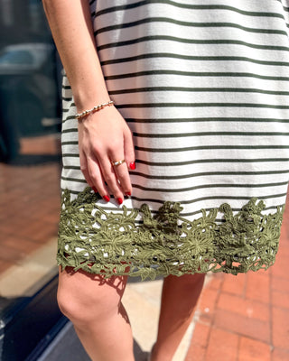 Olive Striped Mini Dress w/Lace Hem - Blue Moon Bentonville