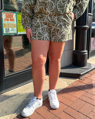 Olive Textured Floral Shorts