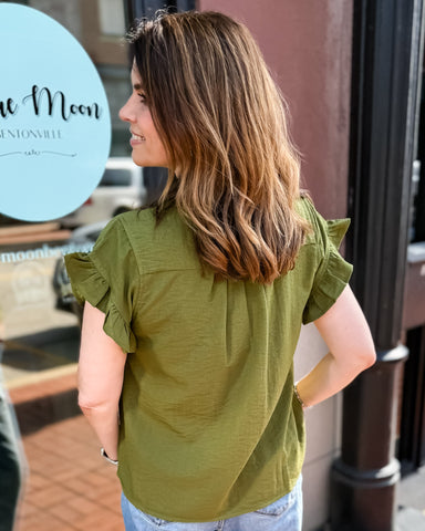 Olive Blouse w/Ruffle Accent