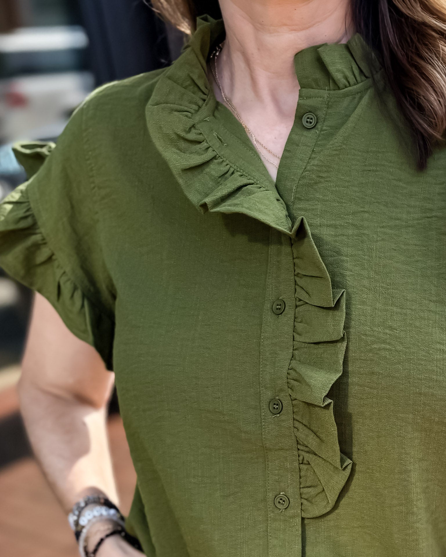 Olive Blouse w/Ruffle Accent