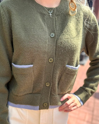 Olive Contrast Trim Button Cardigan