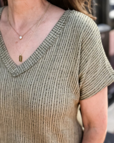 Olive Ribbed V-Neck Top