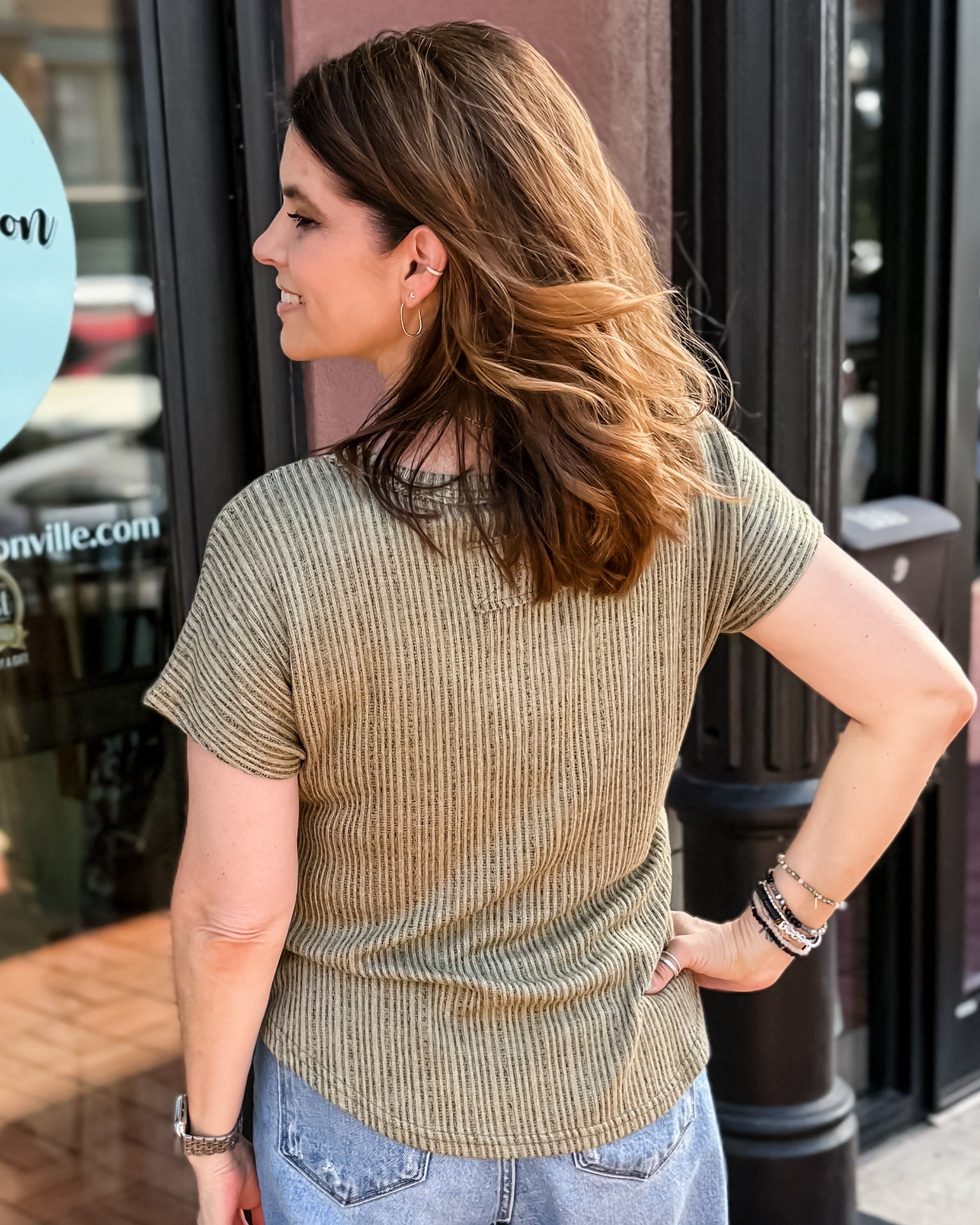Olive Ribbed V-Neck Top