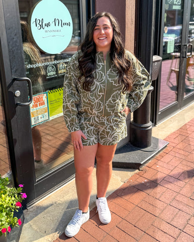 Olive Textured Floral Shorts