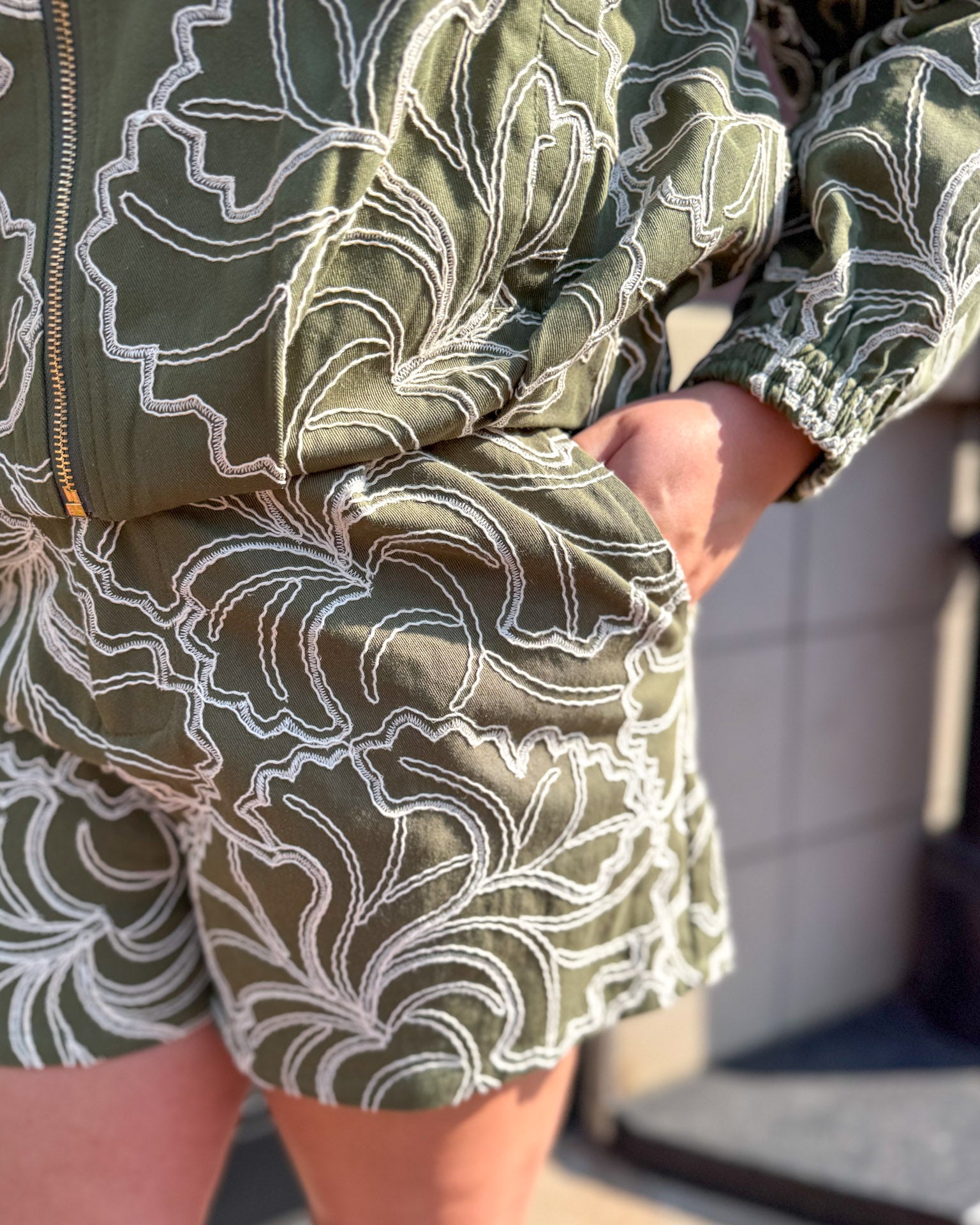 Olive Textured Floral Shorts