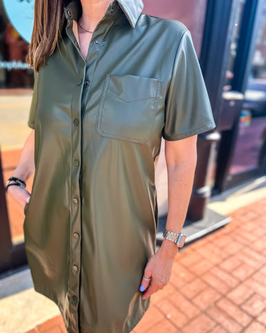 Olive Faux Leather Button Down Mini Dress