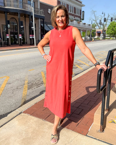 Orange Red Sleeveless Midi Dress