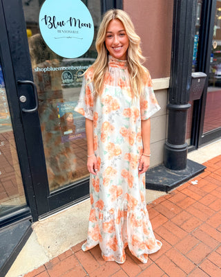 Peach Floral Mock Neck Midi Dress